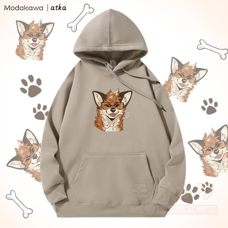 眼鏡をかけたキツネのグラフィック フリース裏地パーカー - ライトカーキ - 5XL - image 5