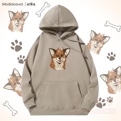 眼鏡をかけたキツネのグラフィック フリース裏地パーカー - ライトカーキ - 5XL - image 5