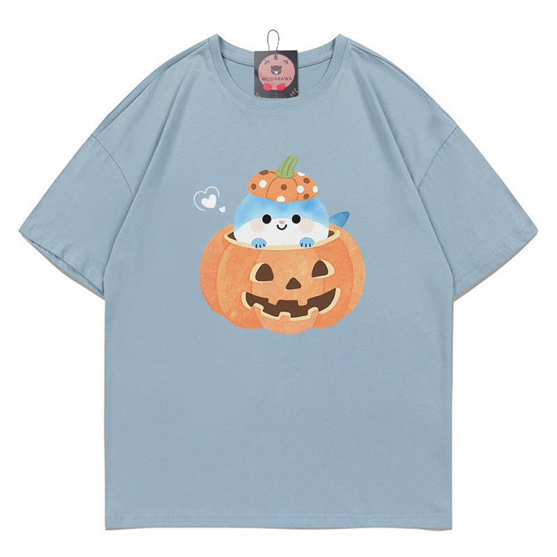 パンプキンシャークプリントTシャツ - ダスティブルー - 5XL - image 5
