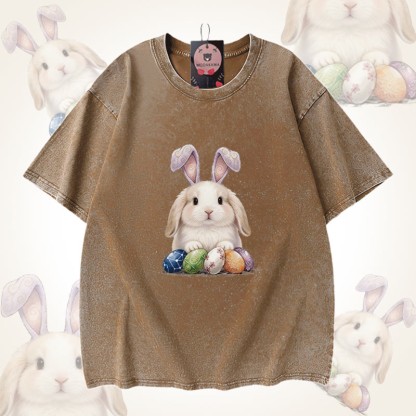 イースターエッグバニーグラフィックModakawaユニセックス ヴィンテージウォッシュドTシャツ - Brown - 5XL - image 4