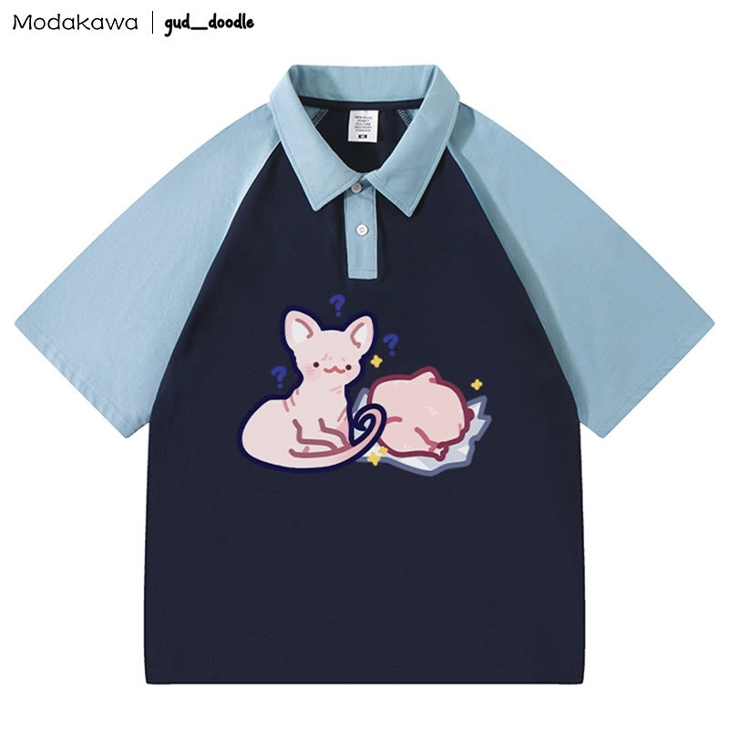 MODAKAWA X gud_doodleキティチキンレタープリントポロTシャツ - Purplish Blue&Blue - 4XL - image 5