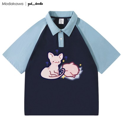 MODAKAWA X gud_doodleキティチキンレタープリントポロTシャツ - Purplish Blue&Blue - 4XL - image 5