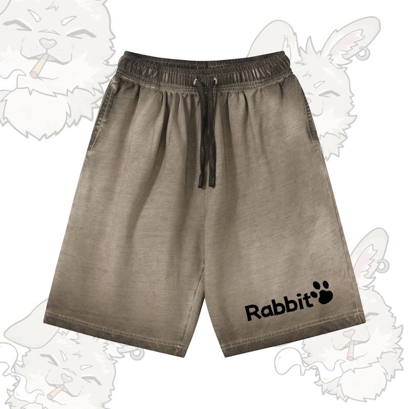 RABBIT グラフィックModakawa 100%綿グラデーション ヴィンテージウォッシュ ダメージ加工 ショートパンツ - Olive Green - 5XL - image 3