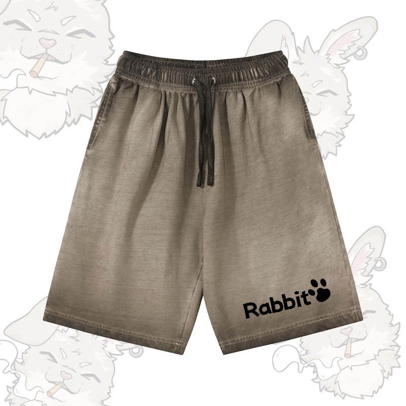 RABBIT グラフィックModakawa 100%綿グラデーション ヴィンテージウォッシュ ダメージ加工 ショートパンツ - Olive Green - 5XL - image 3