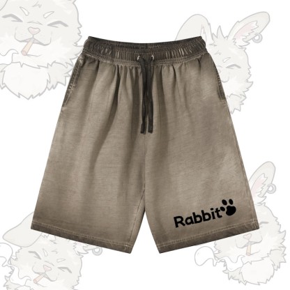 RABBIT グラフィックModakawa 100%綿グラデーション ヴィンテージウォッシュ ダメージ加工 ショートパンツ - Olive Green - 5XL - image 3