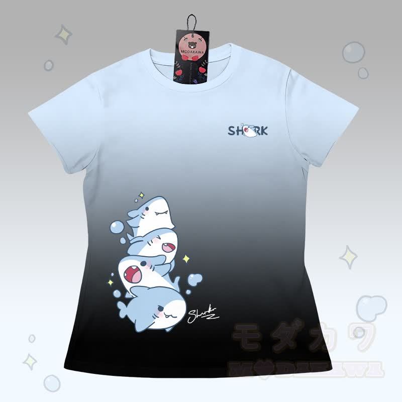 グラデーションシャークグラフィックTシャツ、レターグラフィックショーツ、Modakawaお揃いコーデ - 青と黒のTシャツ - 5XL - image 5