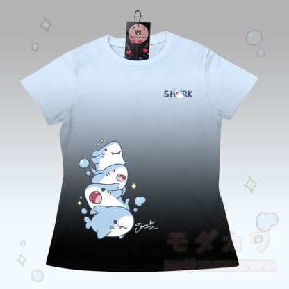 グラデーションシャークグラフィックTシャツ、レターグラフィックショーツ、Modakawaお揃いコーデ - 青と黒のTシャツ - 5XL - image 5