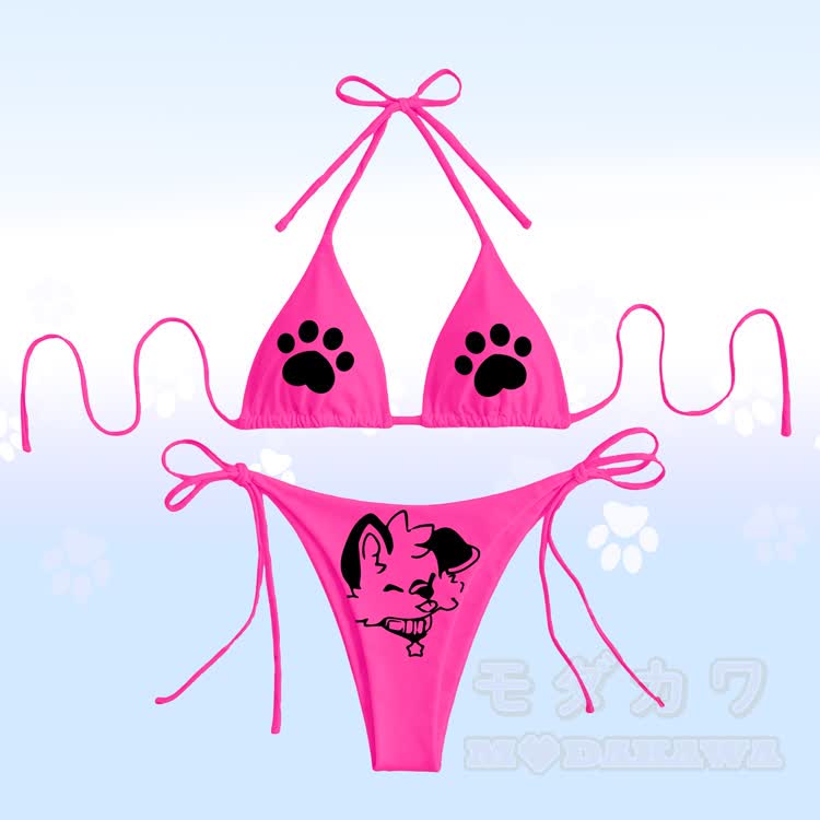MODAKAWA × popipeko 舌出し子犬の足跡グラフィック レディース水着タイビキニセット - ローズレッド - 4XL - image 5