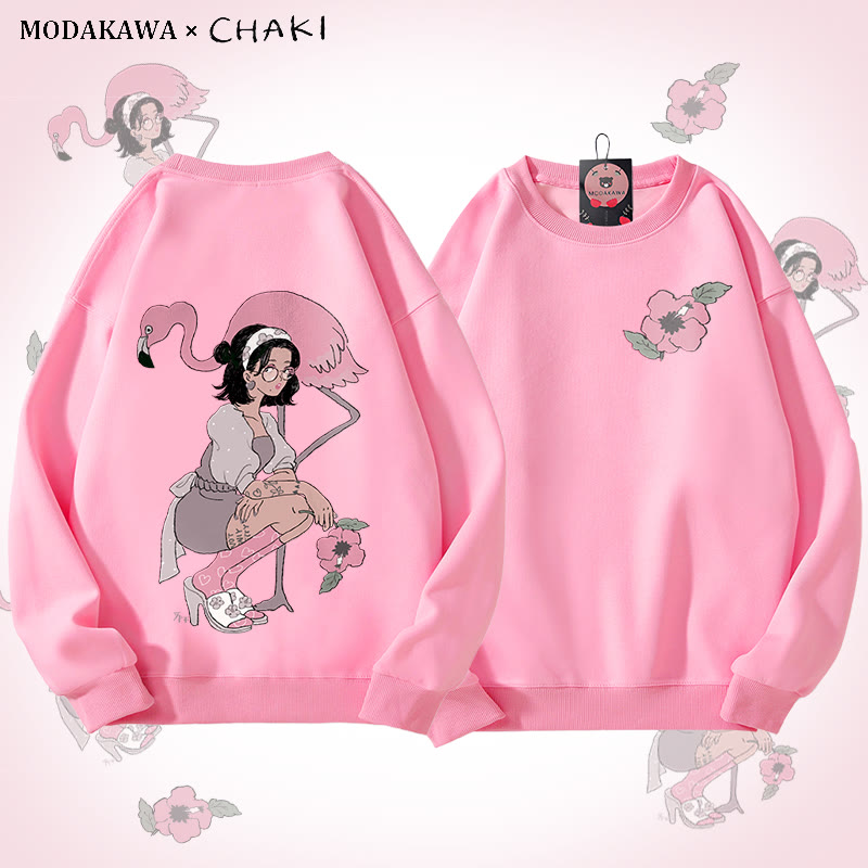 MODAKAWA X chaki ガール＆フラミンゴ グラフィック ユニセックス スウェットシャツ - Pink - 5XL - image 2