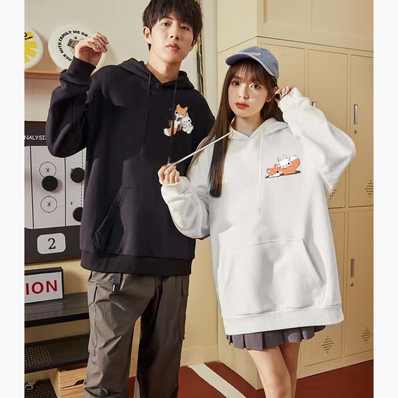 Modakawaガールフレンド ボーイフレンド 漫画 フォックス バニー グラフィック フリース 裏地 パーカー - image 7