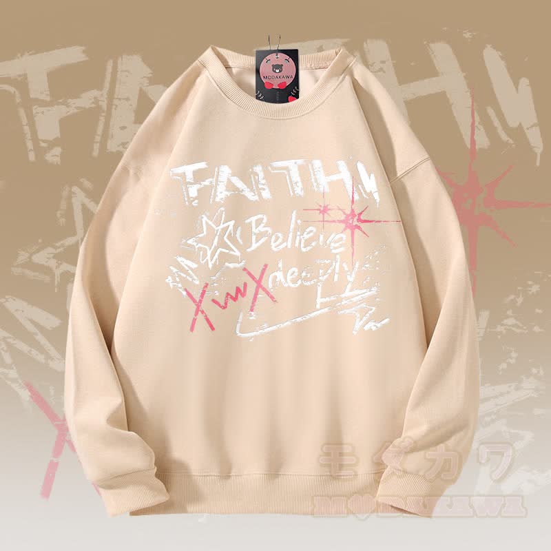 MODAKAWA FAITH BELIEVE DEEPLY グラフィック ユニセックス スウェットシャツ - アプリコット - 5XL - image 3