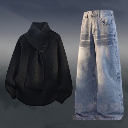 ニットフリース裏地セーターデニムパンツツーピース - セットF - 3XL - image 6