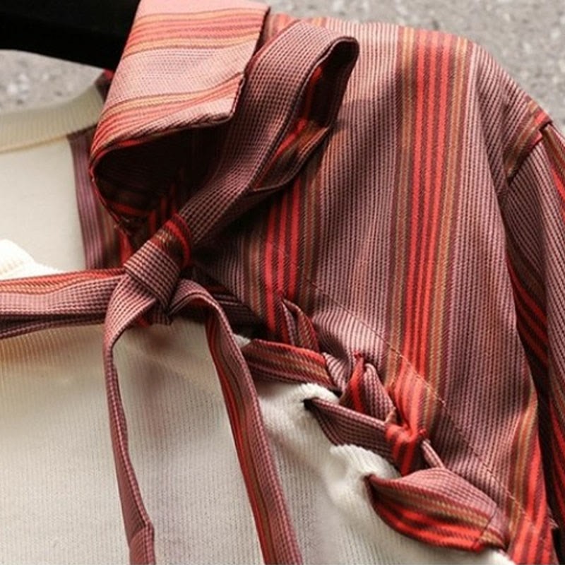 ストライプカラーブロックレースアップトップスとヴィンテージデニムパンツのマッチングアウトフィット - image 6