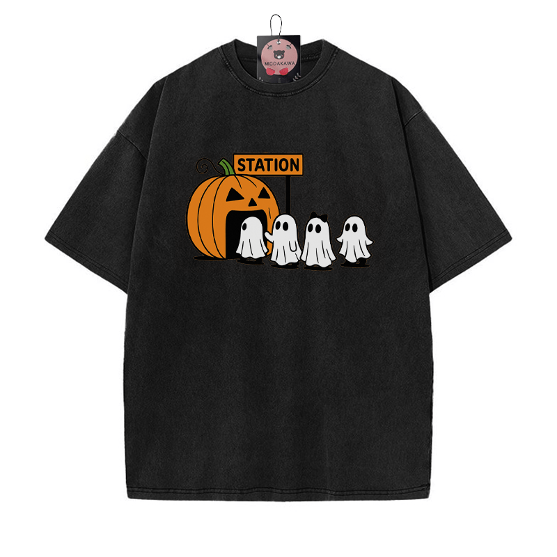 パンプキンゴーストプリント ヴィンテージウォッシュTシャツ - 黒 - 5XL - image 5