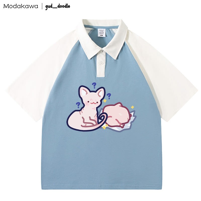 MODAKAWA X gud_doodleキティチキンレタープリントポロTシャツ - Blue&White - 4XL - image 4