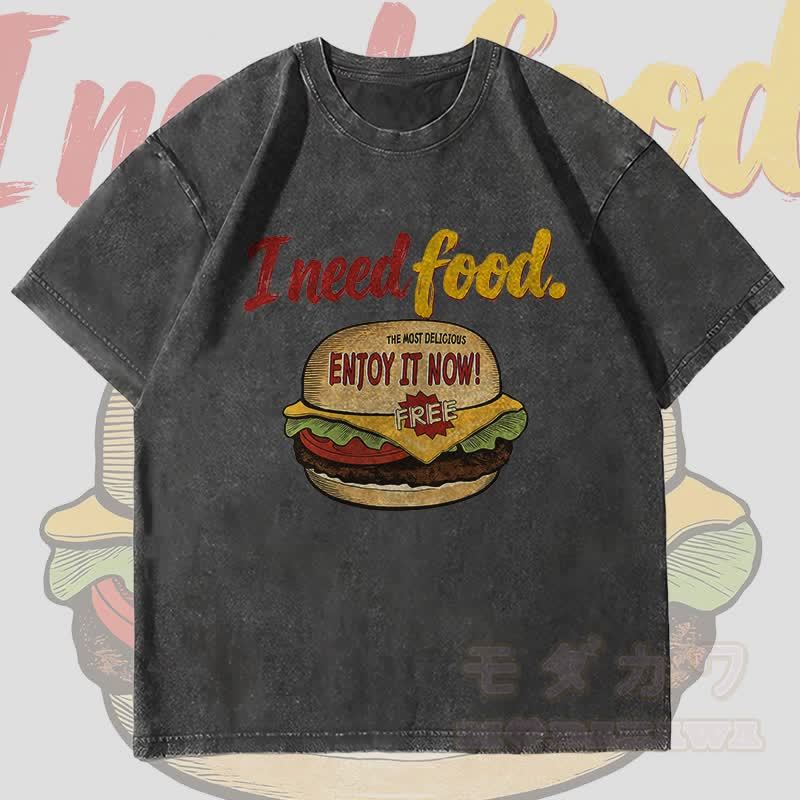 MODAKAWA I NEED FOOD バーガーグラフィック ユニセックス ヴィンテージウォッシュTシャツ - 黒 - 4XL - image 3