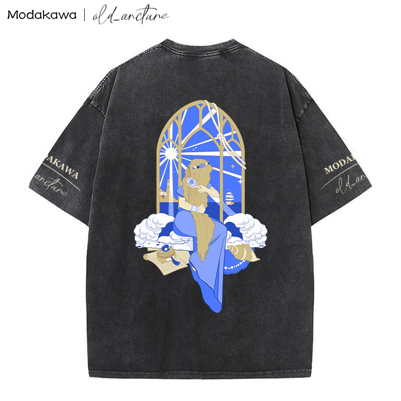 MODAKAWA X old_arcture ブロンドの女の子が髪をブラッシングするシェルプリント ヴィンテージウォッシュTシャツ - Black - 5XL - image 4
