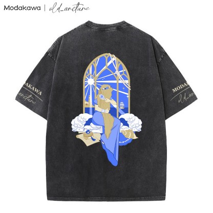 MODAKAWA X old_arcture ブロンドの女の子が髪をブラッシングするシェルプリント ヴィンテージウォッシュTシャツ - Black - 5XL - image 4