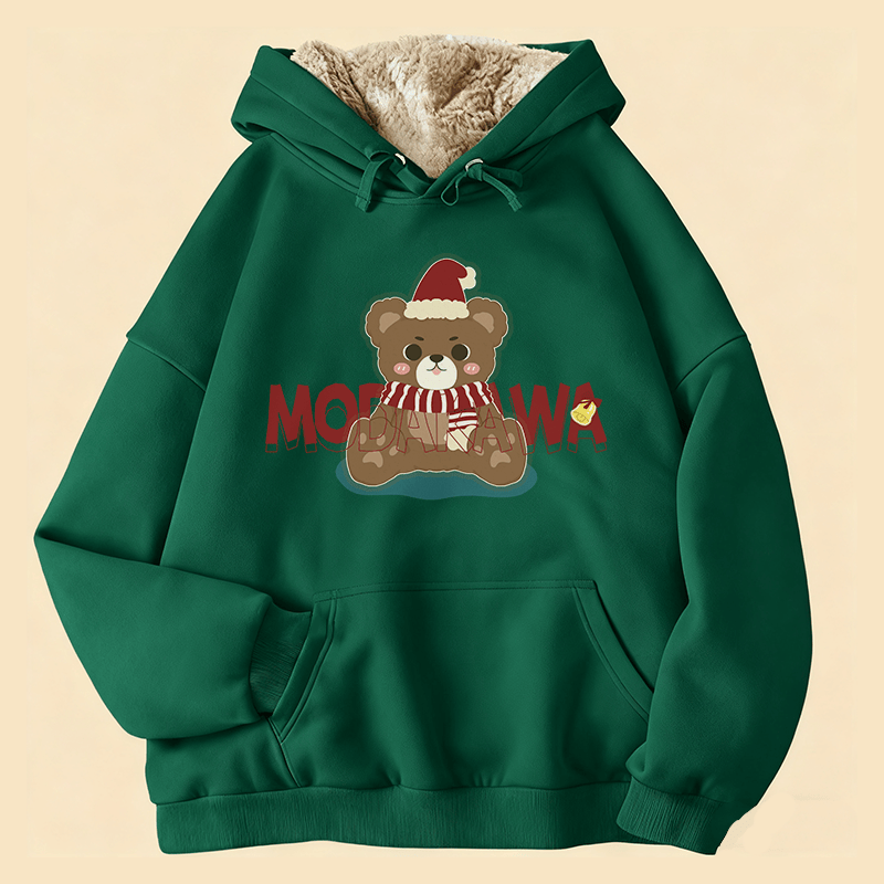 MODAKAWA クリスマスベアグラフィック 厚手フリース裏地冬パーカー - Green - 2XL - image 3