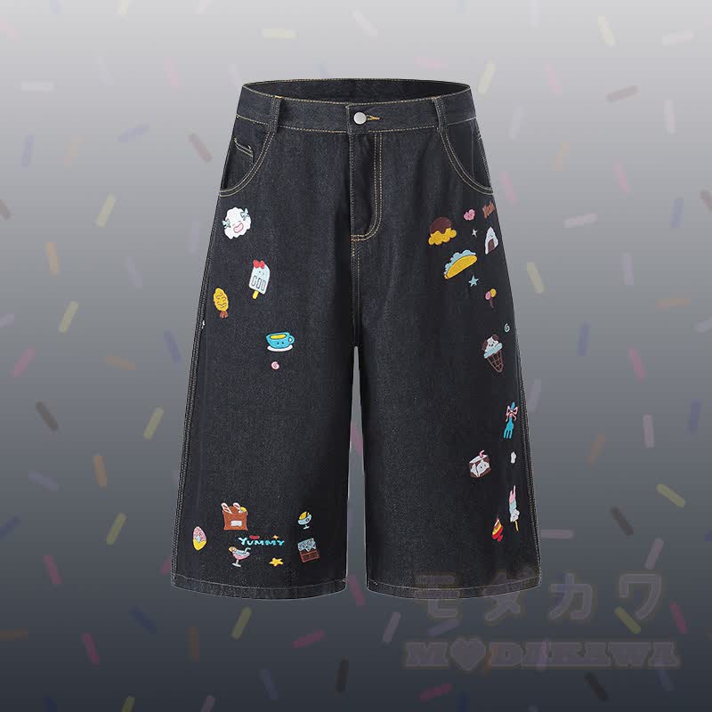 子犬柄ストライプポロシャツ、フード刺繍入りデニムクロップドパンツ、Modakawaお揃いコーデ - 黒のパンツ - XL - image 6