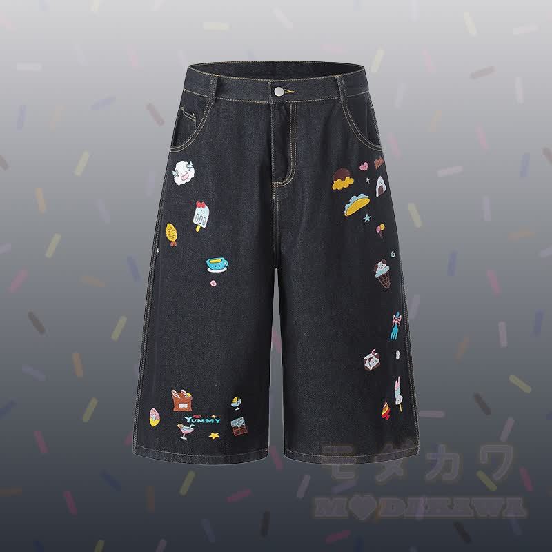 子犬柄ストライプポロシャツ、フード刺繍入りデニムクロップドパンツ、Modakawaお揃いコーデ - 黒のパンツ - XL - image 6