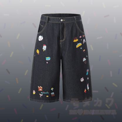 子犬柄ストライプポロシャツ、フード刺繍入りデニムクロップドパンツ、Modakawaお揃いコーデ - 黒のパンツ - XL - image 6