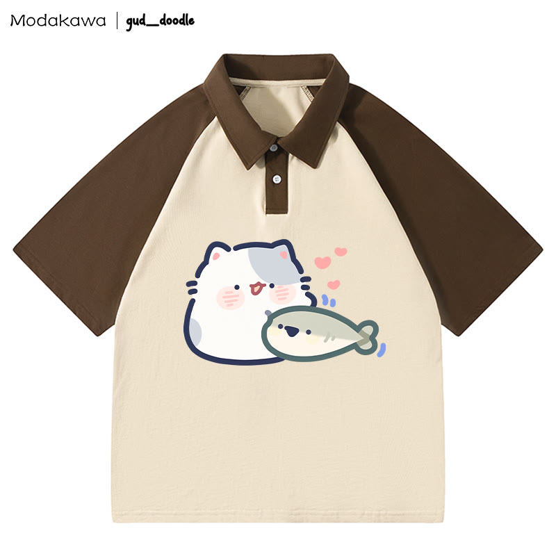 MODAKAWA X gud_doodleキティフィッシュレタープリント ポロシャツ - Brown - 4XL - image 5