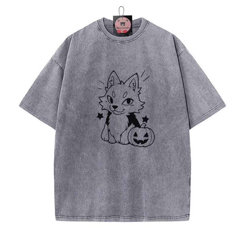 遊び心のあるキツネのパンプキングラフィック ユニセックス ヴィンテージ ウォッシュTシャツ - Grey - 5XL - image 6