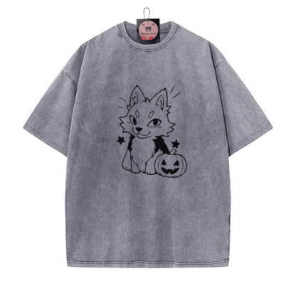 遊び心のあるキツネのパンプキングラフィック ユニセックス ヴィンテージ ウォッシュTシャツ - Grey - 5XL - image 6
