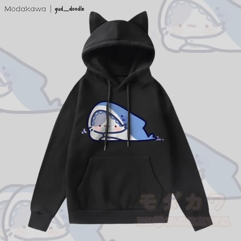 MODAKAWA x gud_doodleキティシャークグラフィックポケット付きフリース裏地パーカー（猫耳付き） - 黒 - 2XL - image 4
