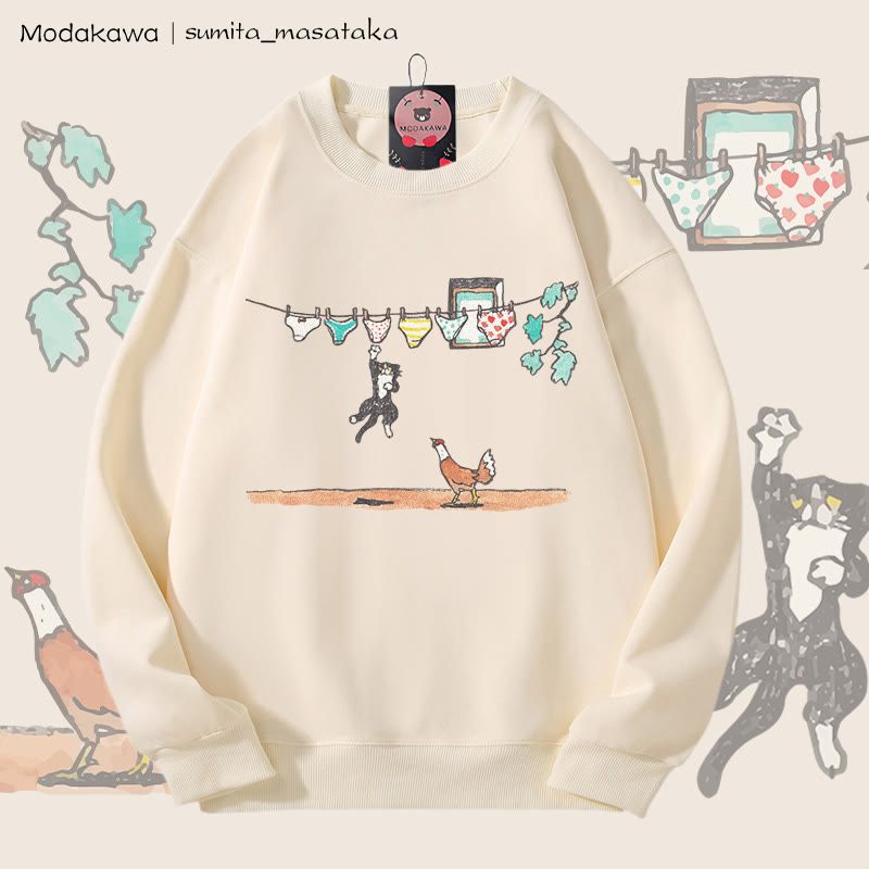 MODAKAWA X sumita_masataka アンダーウェア スナッチャーキャット グラフィック ユニセックス スウェットシャツ - Beige - 5XL - image 3
