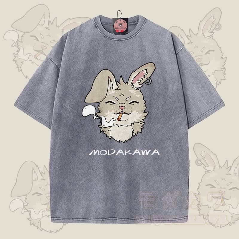 MODAKAWA ナビ スモーキンググラフィック ユニセックス ヴィンテージウォッシュTシャツ - グレー - 5XL - image 6