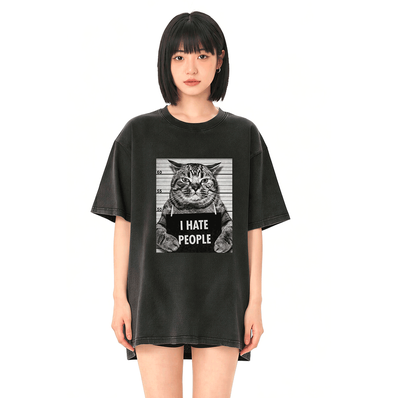 人が嫌い 猫グラフィックModakawaユニセックス ヴィンテージウォッシュドTシャツ - image 3