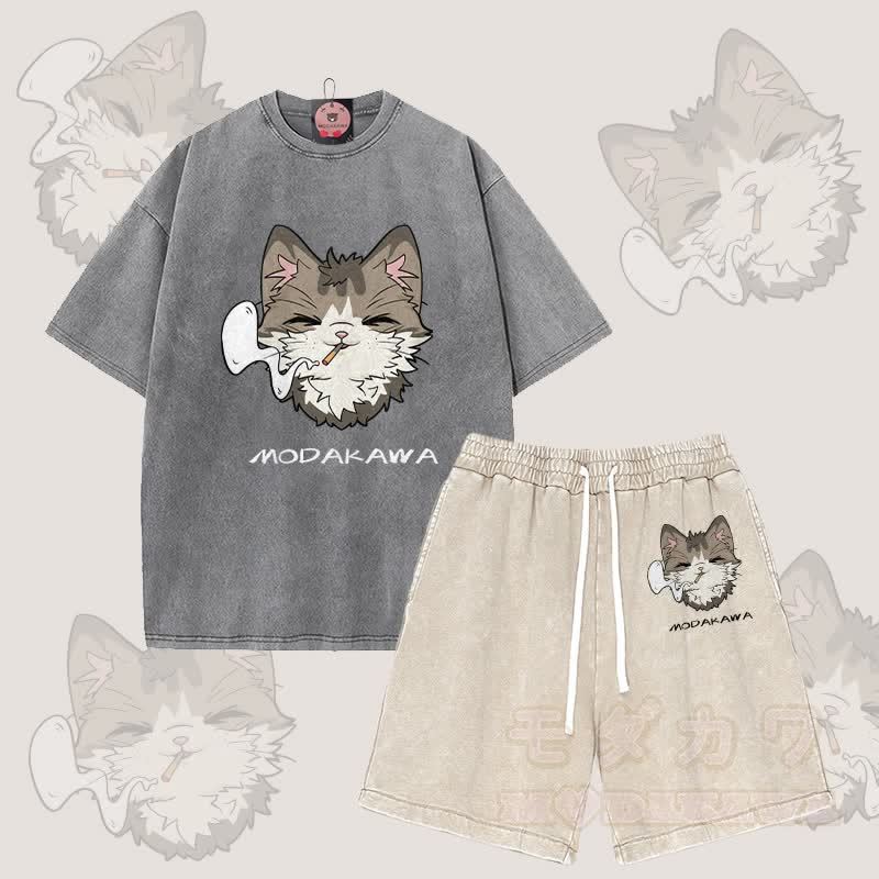 MODAKAWA スモーキングキャットグラフィック ヴィンテージウォッシュTシャツ ショーツ 2点セット - グレー＆アプリコット - 3XL - image 11