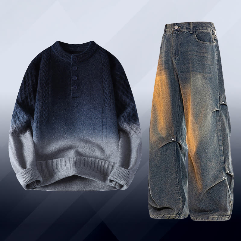 グラデーションケーブルニットセーター デニムパンツ ツーピース - Set D - 3XL - image 4