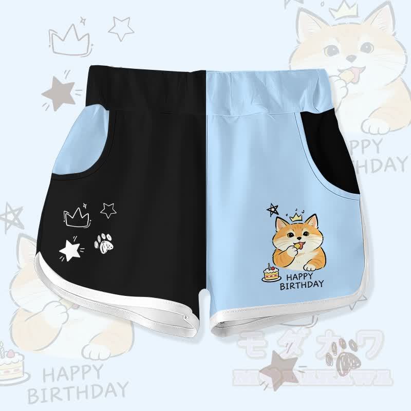 HAPPYバースデー かわいい猫ケーキ グラフィックModakawaカラーブロックショーツ - ブラック＆ブルー - 5XL - image 3