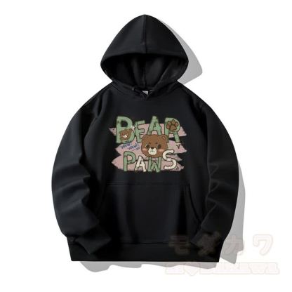 BEAR PAWS かわいいクマのグラフィック フリース裏地パーカー - 黒 - 6XL - image 4