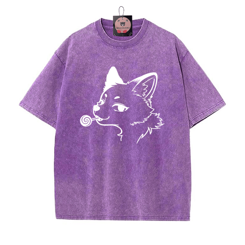 フォックスプリント ヴィンテージウォッシュTシャツ - 紫 - 5XL - image 6