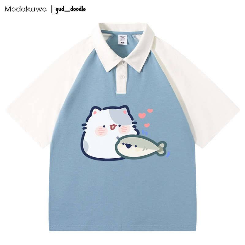 MODAKAWA X gud_doodleキティフィッシュレタープリント ポロシャツ - Blue&White - 4XL - image 6
