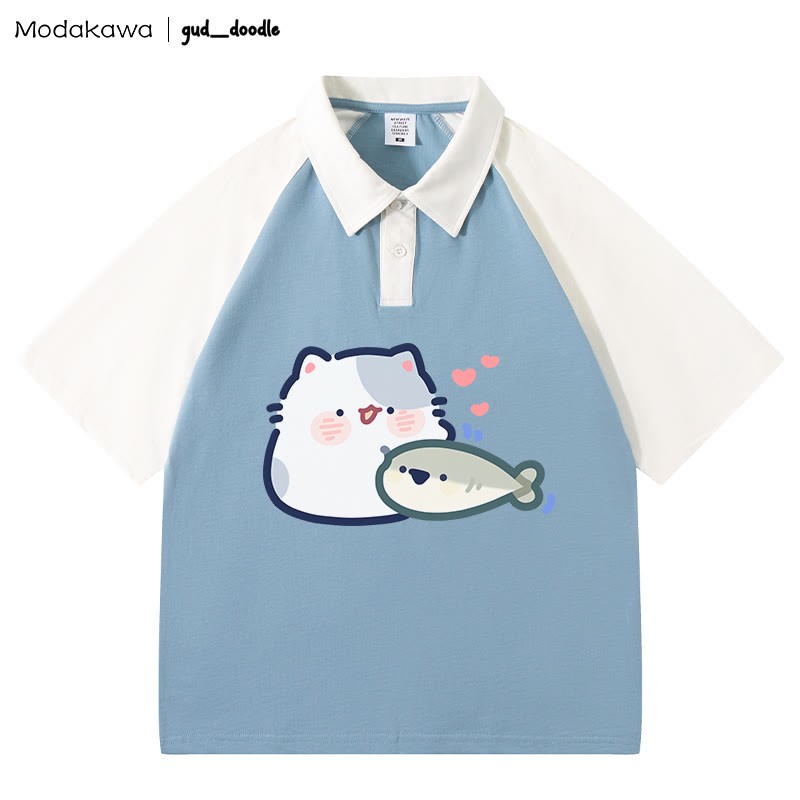 MODAKAWA X gud_doodleキティフィッシュレタープリント ポロシャツ - Blue&White - 4XL - image 6