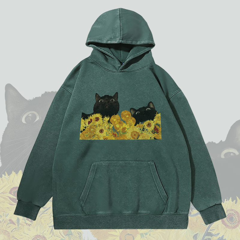 MODAKAWA ユニセックス ヴィンテージウォッシュドパーカー ひまわりの中の黒猫 グラフィックプルオーバー - Green - 2XL - image 2