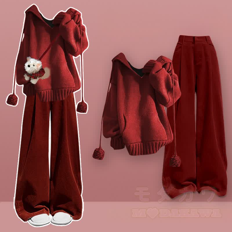 カラーブロックニットセーター ワイドレッグパンツ 2ピースセット - セットD - XL - image 4