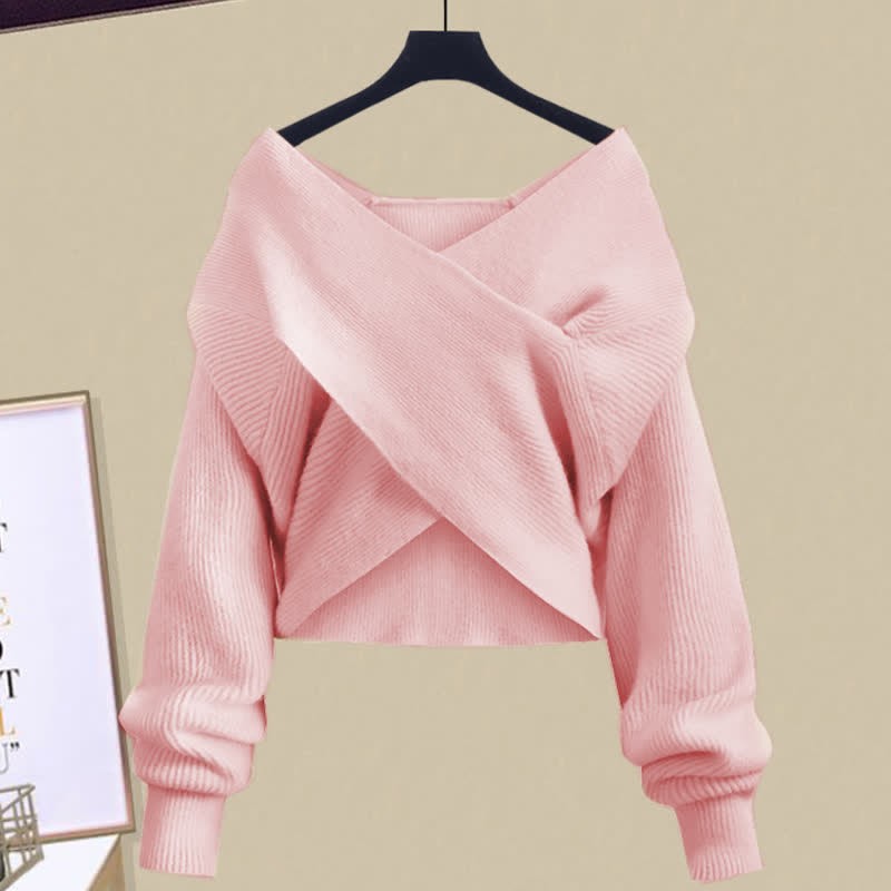クロスニットセーターのフリルAラインスリップドレスとマッチングアウトフィット - Pink Sweater - XL - image 2