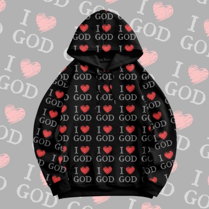 MODAKAWA I Love GOD グラフィック オールオーバープリント プルオーバーパーカー - Black - 6XL - image 4
