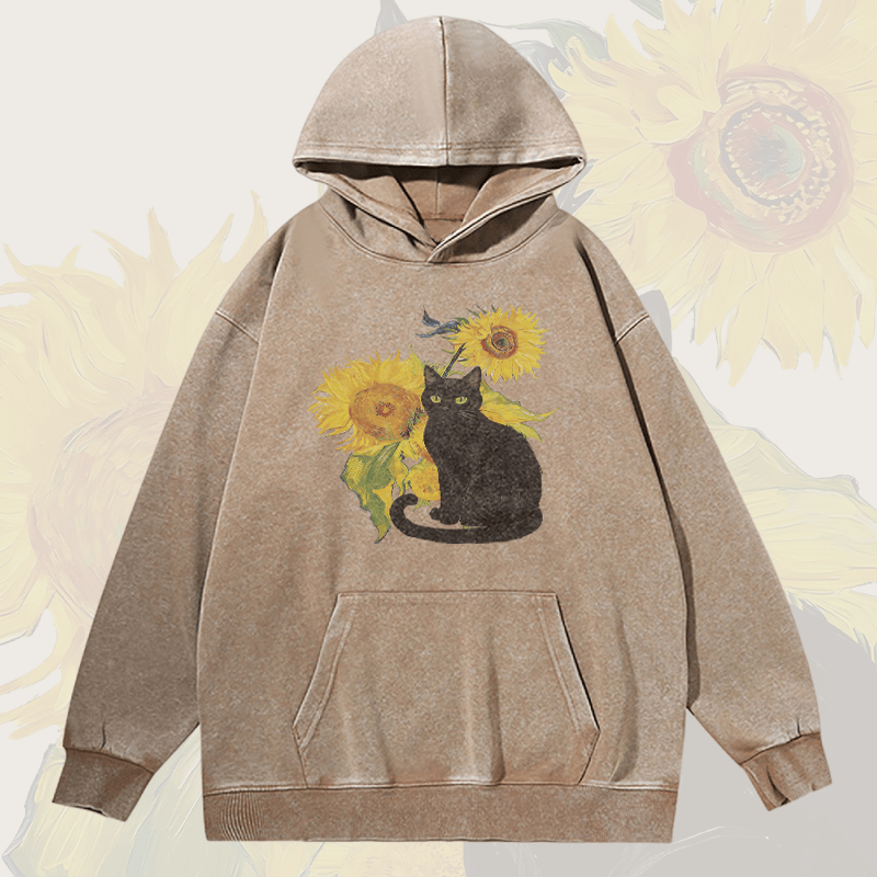MODAKAWA ユニセックス ヴィンテージウォッシュドパーカー 黒猫とひまわり グラフィックプルオーバー - Khaki - 2XL - image 2