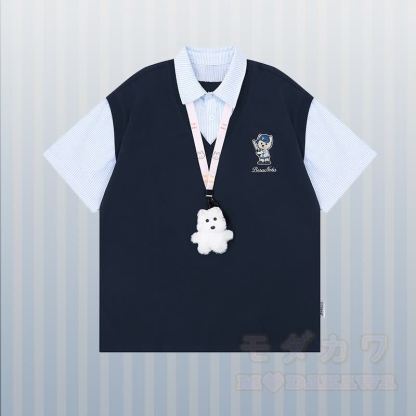 子犬の刺繍入りストライプカラーブロックポロシャツとダメージデニムパンツのModakawaお揃いコーデ - 青いTシャツ - XL - image 4