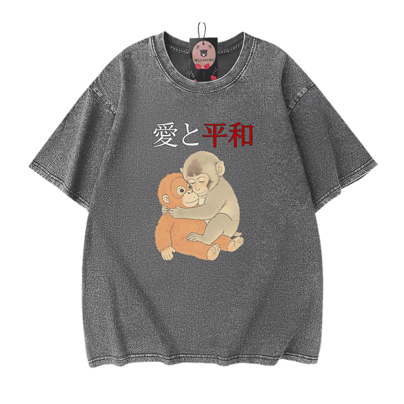 ピース・ラブ・ハグ・パンチ・モンキー・グラフィックModakawaヴィンテージウォッシュ加工綿100% Tシャツ - Grey - 5XL - image 9