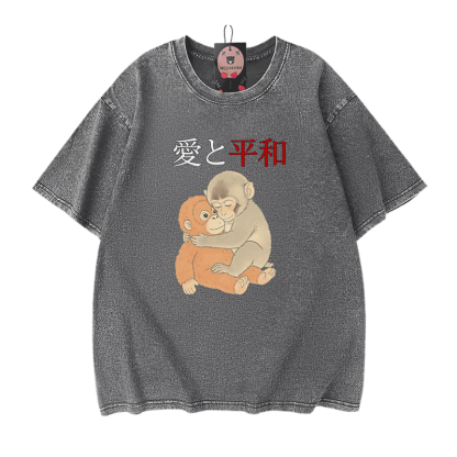 ピース・ラブ・ハグ・パンチ・モンキー・グラフィックModakawaヴィンテージウォッシュ加工綿100% Tシャツ - Grey - 5XL - image 9