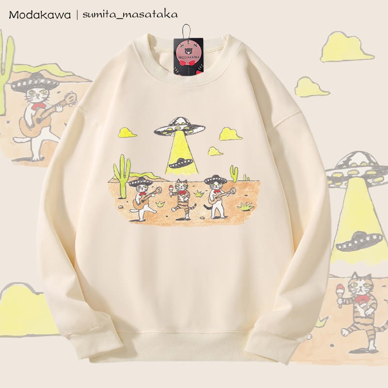 MODAKAWA X sumita_masataka キャットバンドとUFOグラフィック ユニセックス スウェットシャツ - Beige - 5XL - image 3