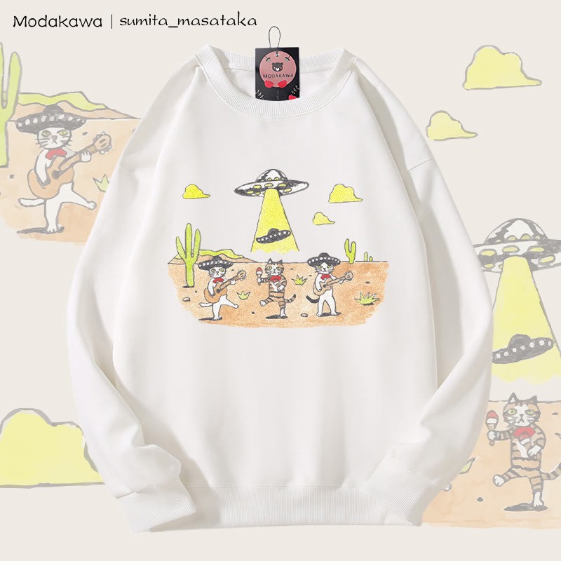 MODAKAWA X sumita_masataka キャットバンドとUFOグラフィック ユニセックス スウェットシャツ - White - 5XL - image 4